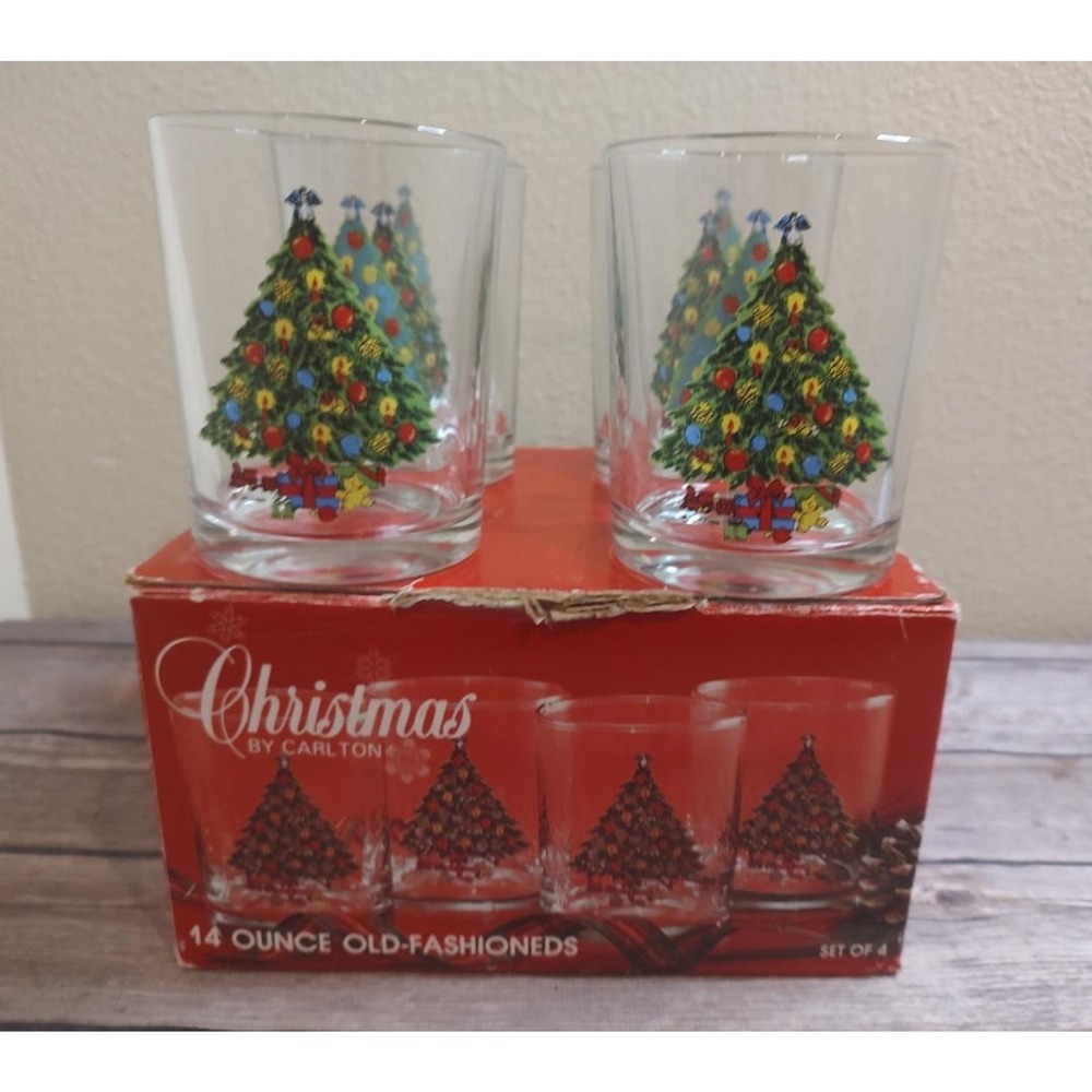 Vtg Carlton Christmas Tree Drinking Glasses Set of 4 Original Box 1988 A2
